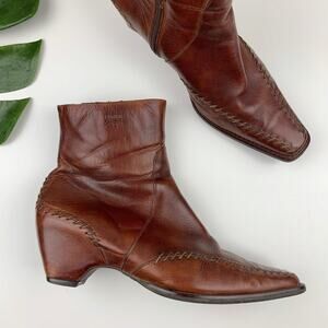 Pikolinos Ankle Boots Brown Leather Zip Whipstitch Square Toe Womens 37 US 6.5 7